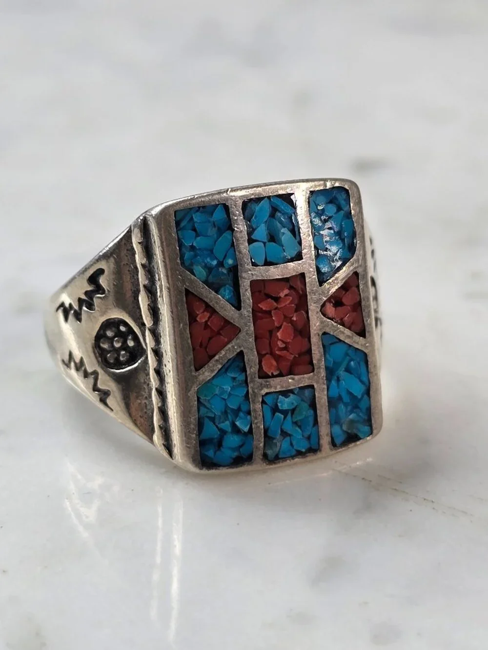 Mens Vintage Estate Sterling Silver Turquoise Coral Ring 19.5g E608